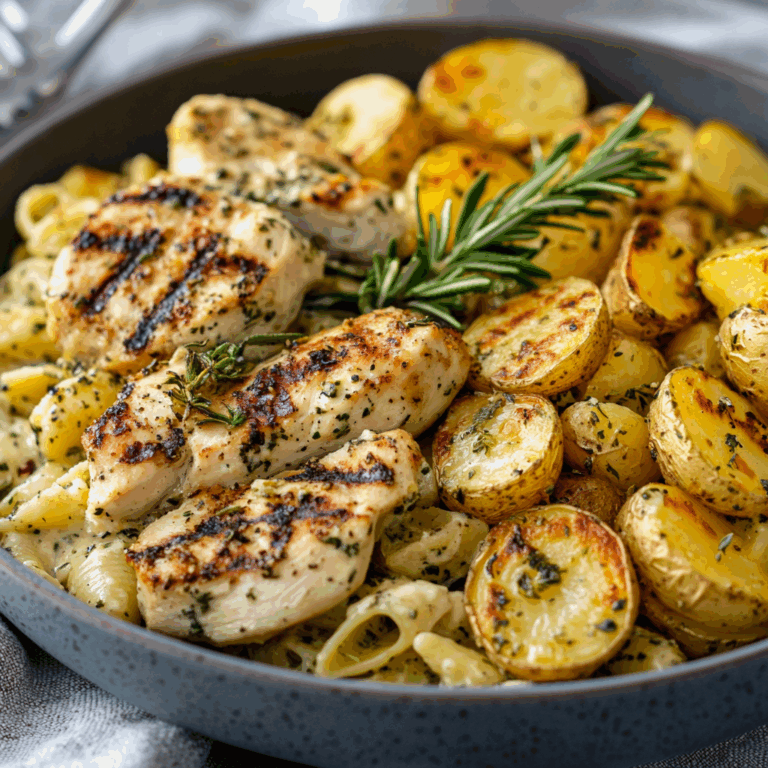 Creamy Herb Pasta with Grilled Chicken & Roasted Potatoes