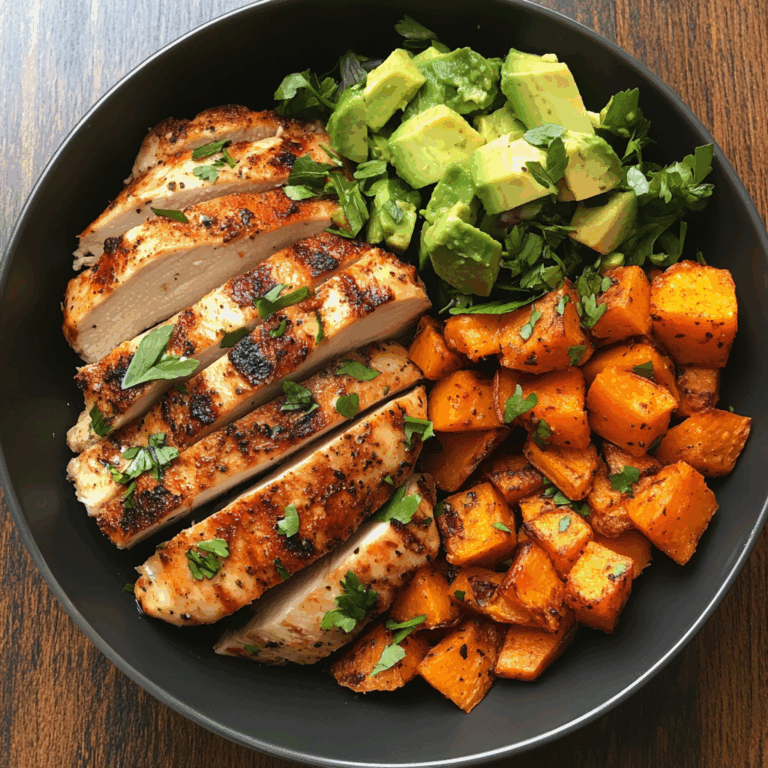 Grilled Chicken Power Plate with Sweet Potatoes & Avocado Salad