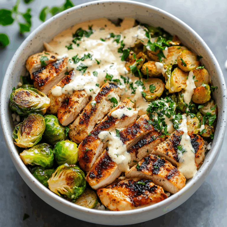 Grilled Chicken & Brussels Sprouts Bowl with Creamy Garlic-Parmesan Sauce