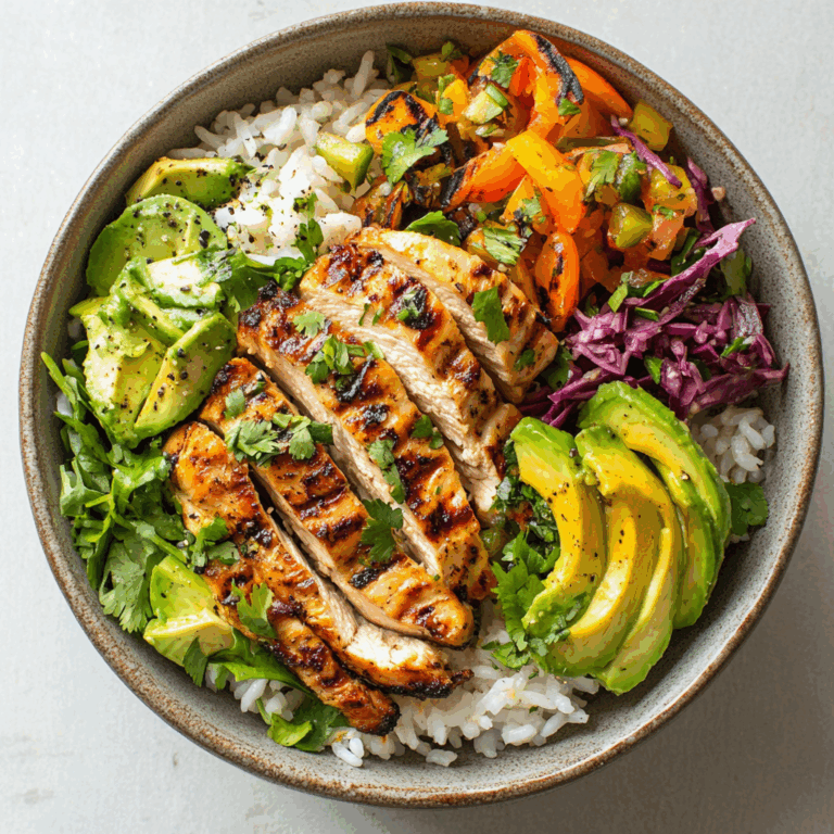 Rainbow Grilled Chicken Rice Bowl with Avocado & Crunchy Salad