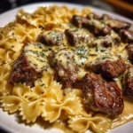 Beef and Bowtie Pasta in Cheddar Sauce