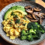 Creamy Scrambled Eggs with Avocado, Sautéed Mushrooms & Broccoli