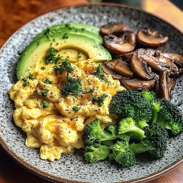 Creamy Scrambled Eggs with Avocado, Sautéed Mushrooms & Broccoli