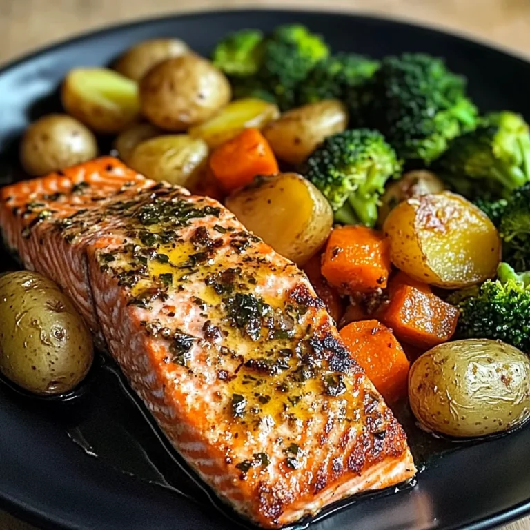 Garlic Butter Salmon with Roasted Potatoes, Glazed Carrots & Steamed Broccoli