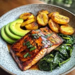 Glazed Salmon with Plantains, Spinach & Avocado Bliss Bowl