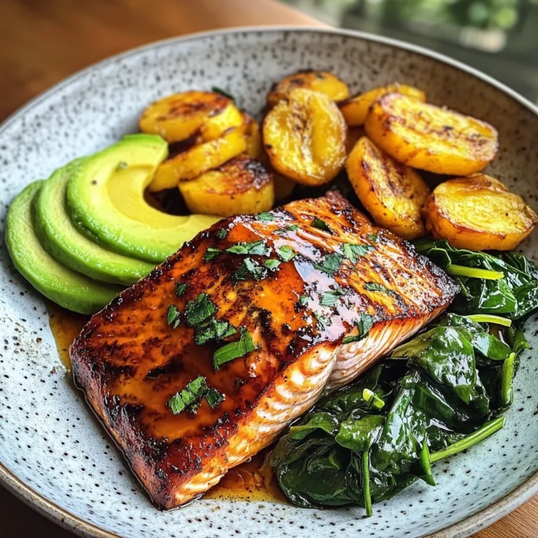 Glazed Salmon with Plantains, Spinach & Avocado Bliss Bowl