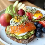 Smoked Salmon & Egg Avocado Toast Plate with Fresh Fruit & Tea