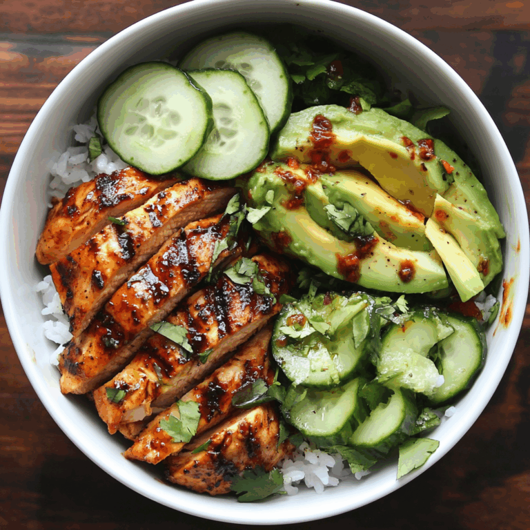 Spicy Chicken Rice Bowl with Avocado & Cucumber Salad