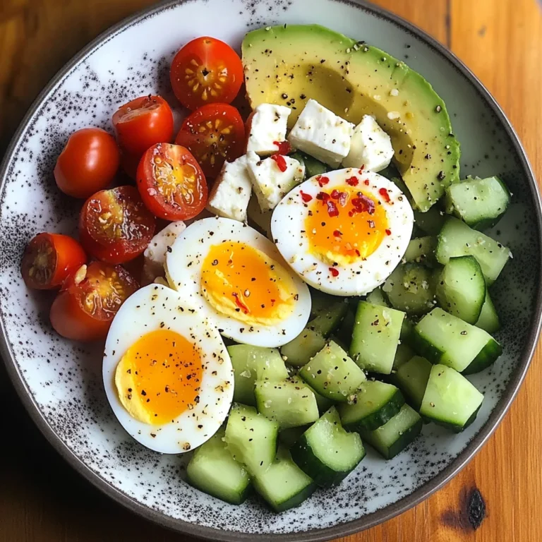 Avocado & Soft-Boiled Egg Breakfast Plate with Feta, Olives & Veggies