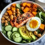Omega Bowl: Salmon, Jammy Egg & Greens with Chickpeas & Sweet Potato