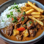 Slow-Cooked Beef Coconut Curry with Rice & Crispy Fries