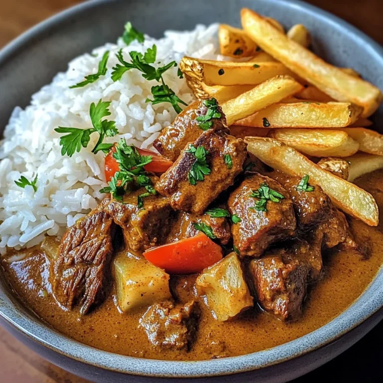Slow-Cooked Beef Coconut Curry with Rice & Crispy Fries